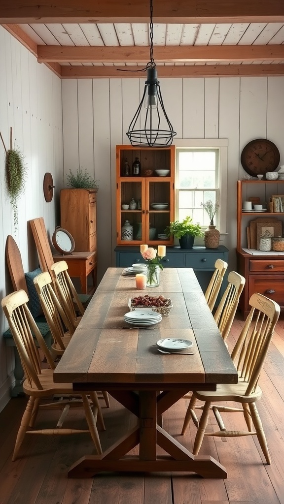 A rustic farmhouse table setup featuring a long wooden table with chairs, fresh flowers, and cozy lighting.