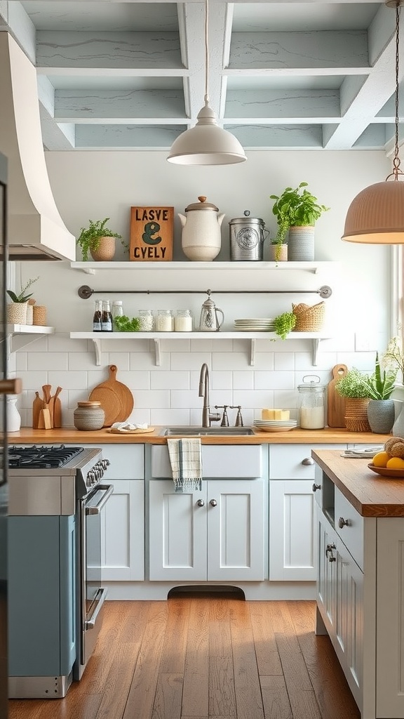 A rustic farmhouse kitchen featuring soft blue cabinets, wooden countertops, and greenery.