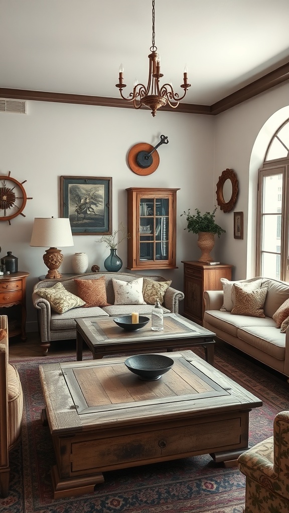 A rustic Mediterranean living room with wooden furniture, cozy sofas, and warm lighting