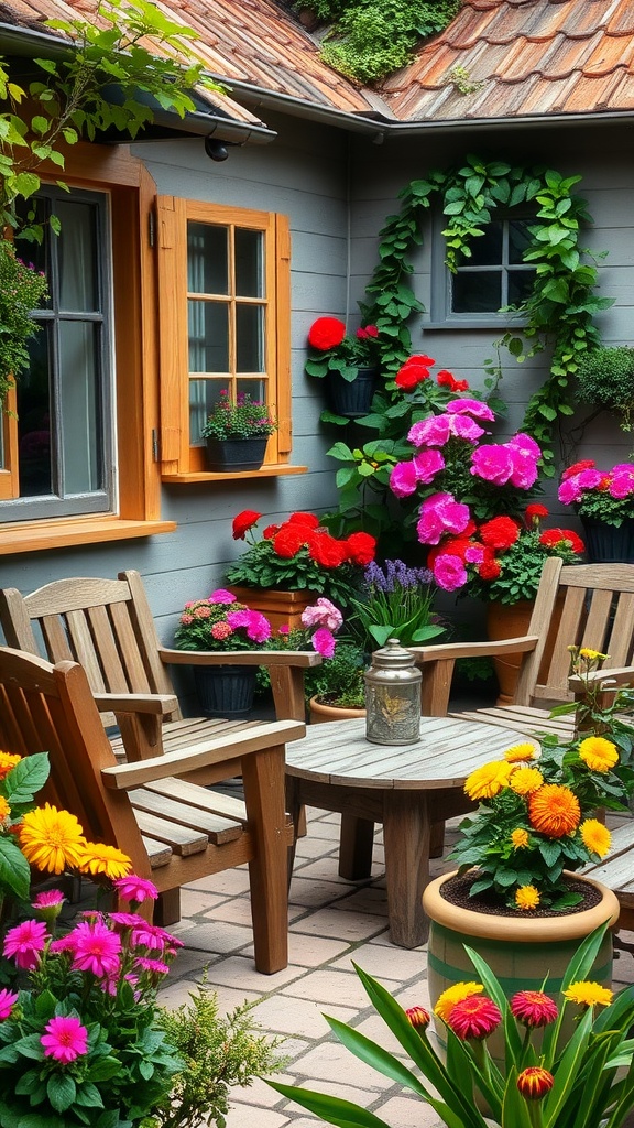 A rustic outdoor seating area with reclaimed wood furniture surrounded by vibrant flowers.