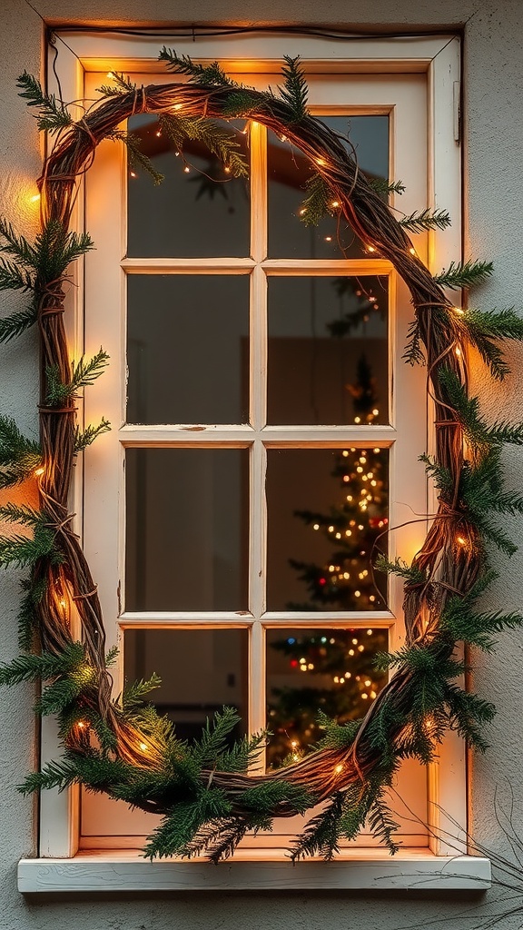 A rustic garland with fairy lights adorning a window, with a Christmas tree visible in the background.