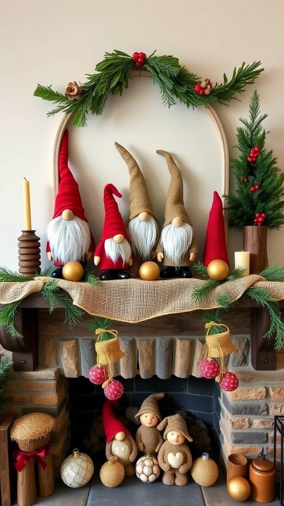 A rustic Christmas mantel decorated with gnomes, greenery, and ornaments.