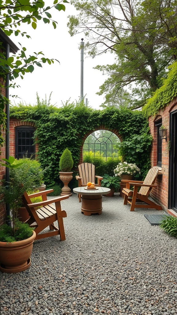 A cozy gravel seating area with wooden chairs and a small table surrounded by greenery.