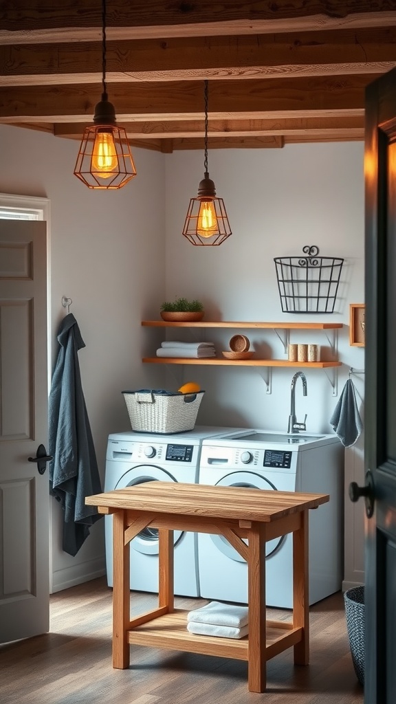 A rustic laundry room featuring pendant lights, wooden beams, and a cozy atmosphere.