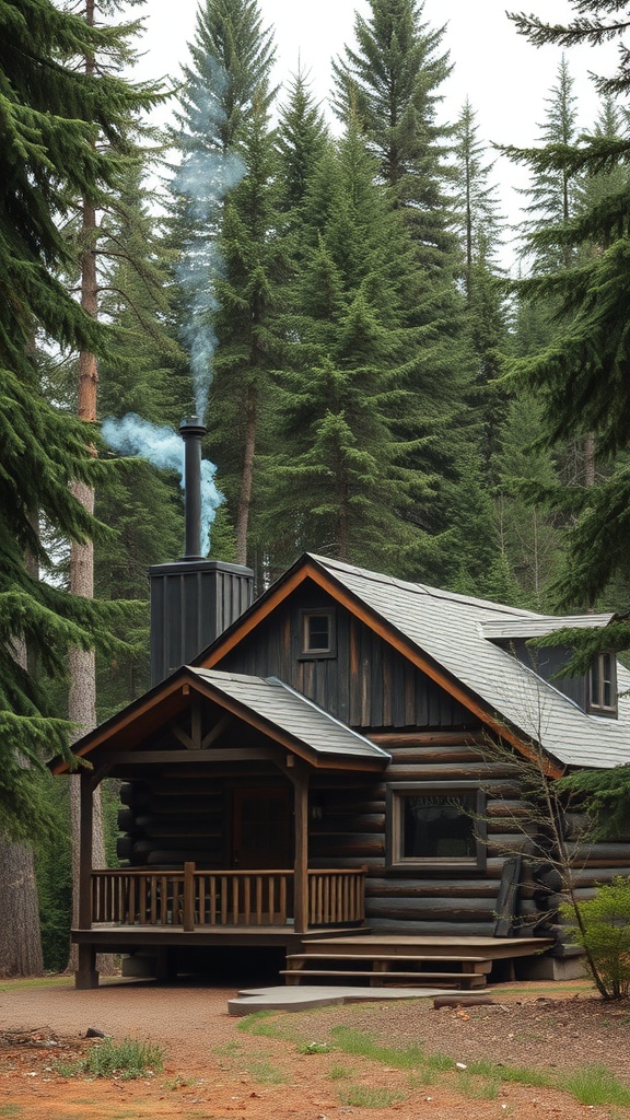 A rustic log cabin surrounded by tall trees with smoke coming from the chimney.