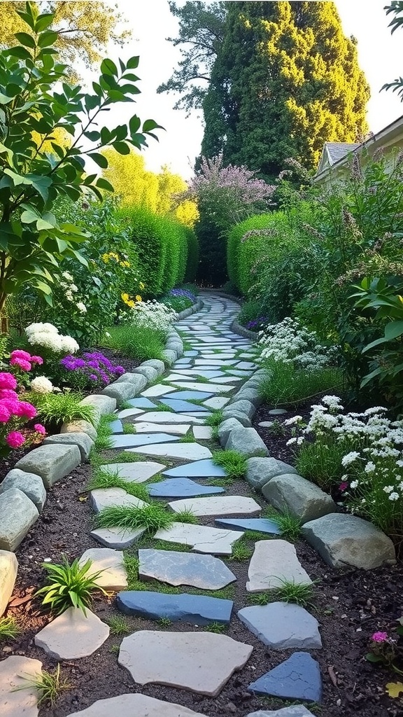 A rustic stone pathway lined with colorful flowers and greenery in a garden.