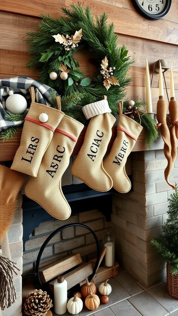 A rustic Christmas mantel featuring personalized burlap stockings, a greenery wreath, and decorative pumpkins