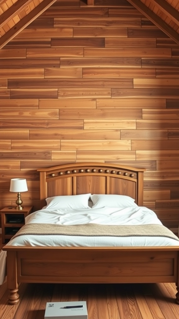 A rustic bedroom with a wooden accent wall, featuring a wooden bed frame and simple decor.