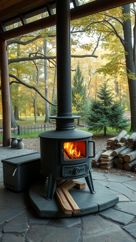 A rustic wood-burning stove on a stone platform in a nature setting with autumn foliage.