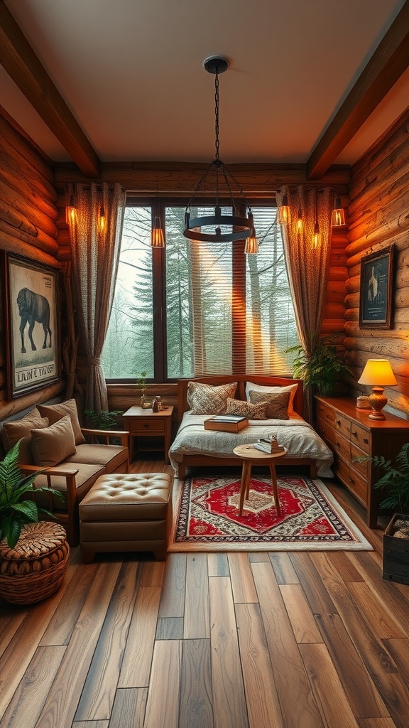 A rustic bedroom with wooden walls, soft textiles, and warm lighting, surrounded by nature.