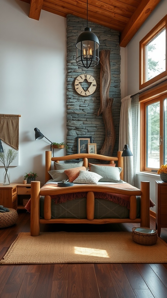 Cozy rustic bedroom with wooden accents, stone wall, and natural light