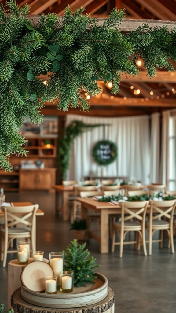 A rustic wedding venue decorated with evergreen branches and wooden accents, featuring tables set for a celebration.