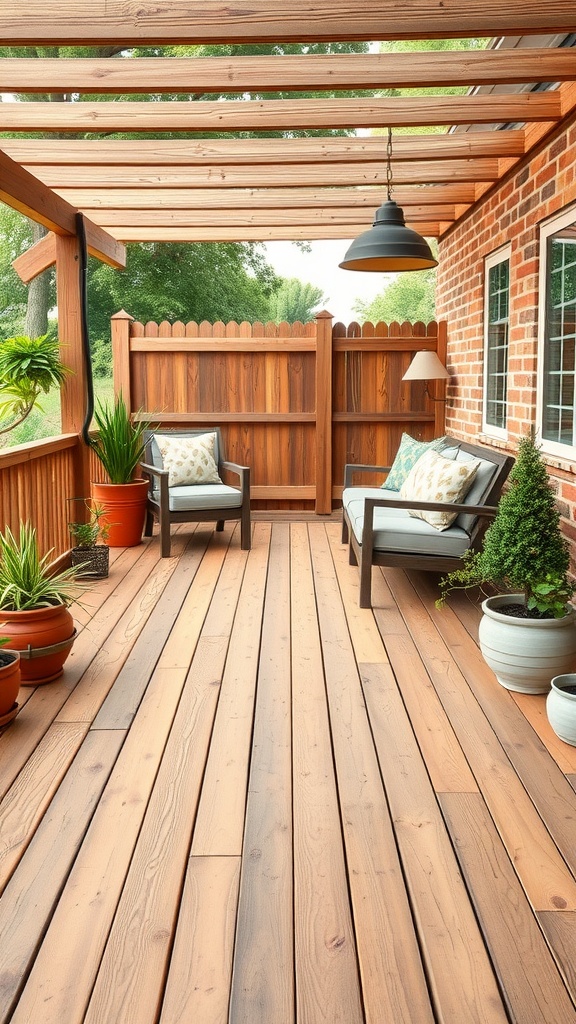 A rustic wooden deck with comfortable seating and potted plants, featuring a pergola overhead.