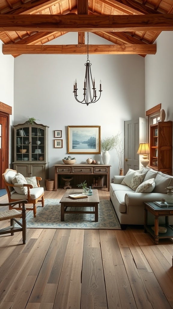 A cozy shabby chic living room featuring rustic wood elements, including exposed beams and wooden furniture.