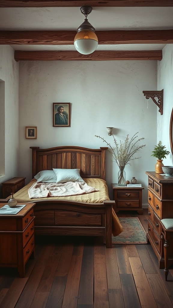 A cozy bedroom featuring rustic wood furniture, including a bed and side tables, with warm tones and soft bedding.