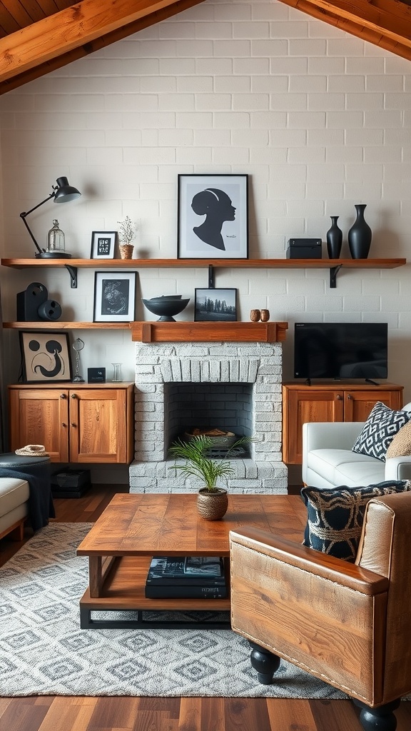 A living room featuring rustic wood furniture with a black and rust color scheme, showcasing a stylish coffee table, shelves, and cozy decor.