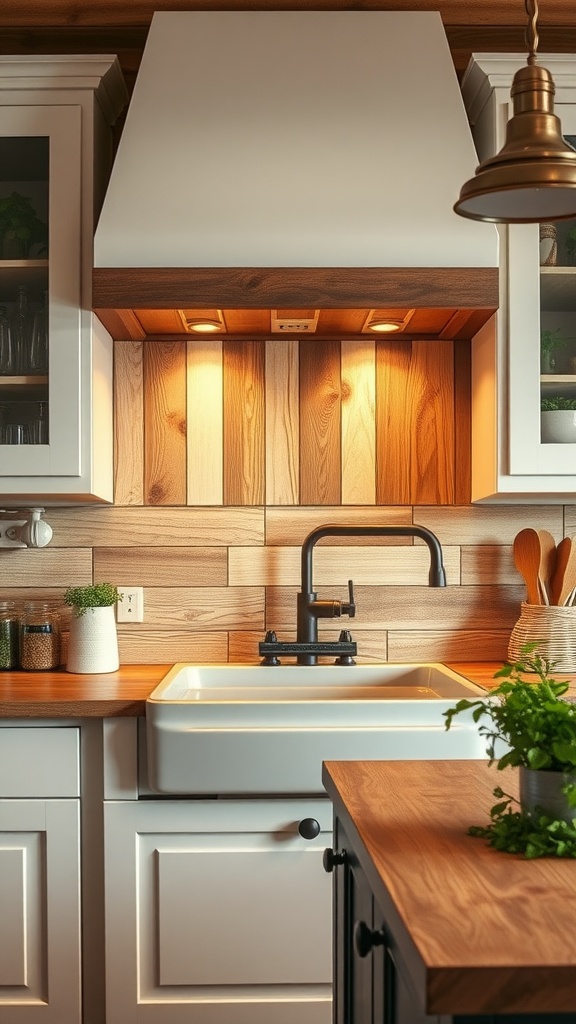 A kitchen with rustic wood planks as a backsplash, featuring white cabinetry, a farmhouse sink, and modern fixtures.