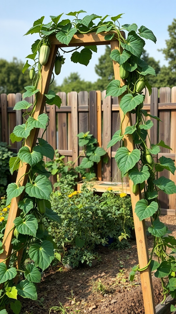 A rustic wooden A-frame trellis with cucumbers climbing on it in a garden.