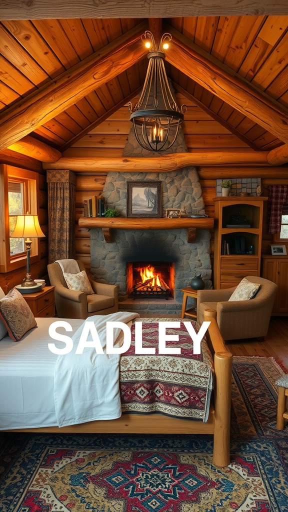 A cozy cabin bedroom featuring rustic wooden accents, a stone fireplace, and warm tones.