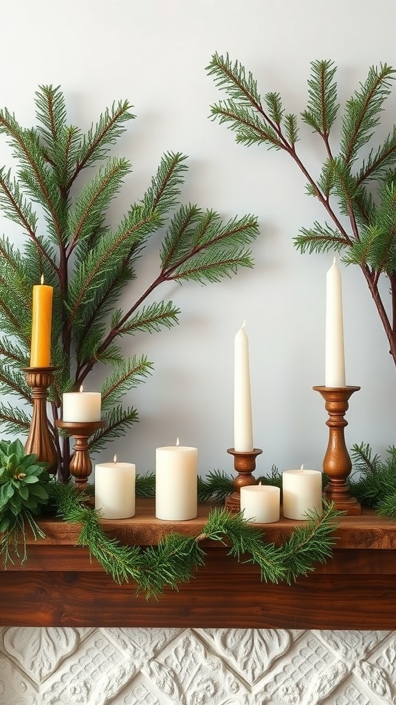 A rustic mantel decorated with wooden candle holders and white candles surrounded by greenery.