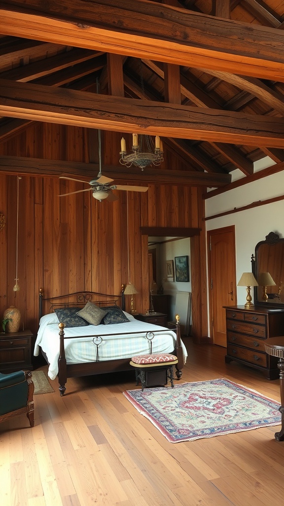 A vintage bedroom featuring rustic wooden beams, wooden floors, and classic furniture