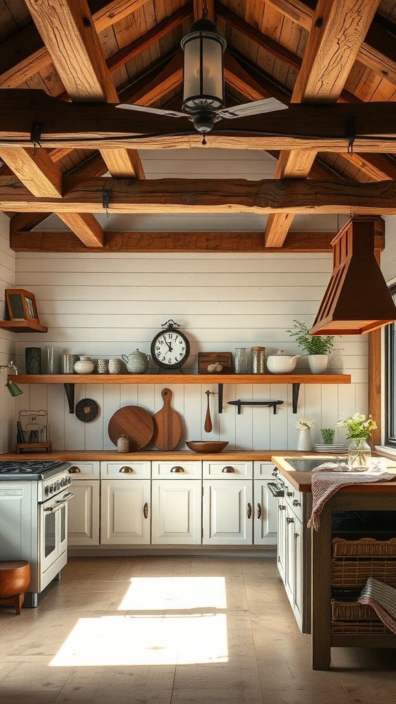 A rustic kitchen featuring wooden beams and shiplap walls, with a cozy layout and open shelves.