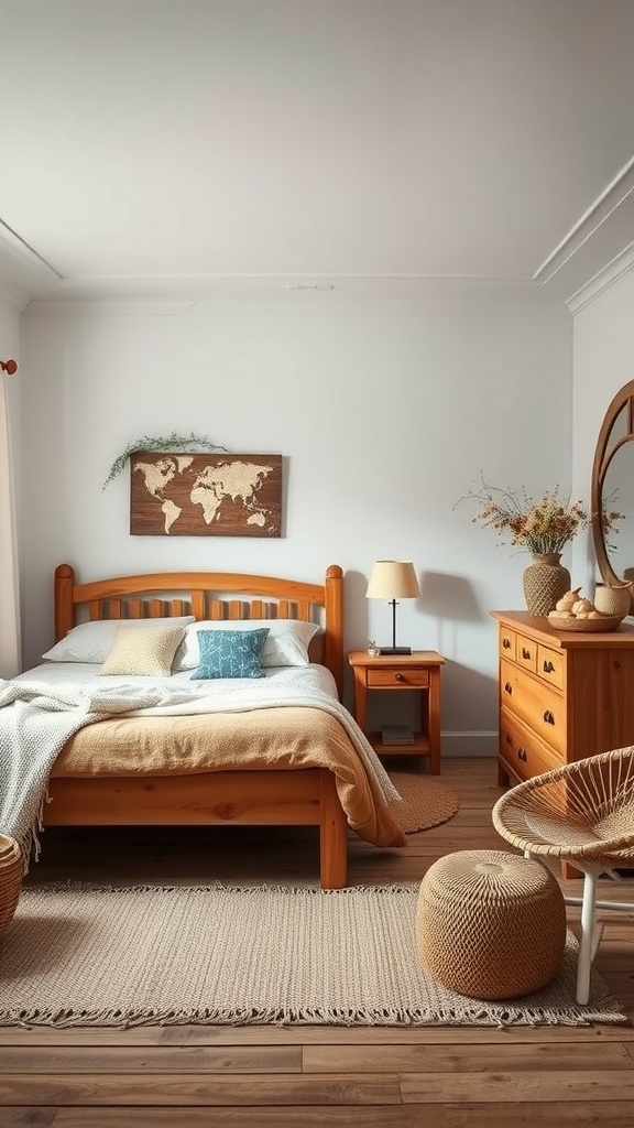 A cozy bedroom featuring rustic wooden furniture with a warm atmosphere.