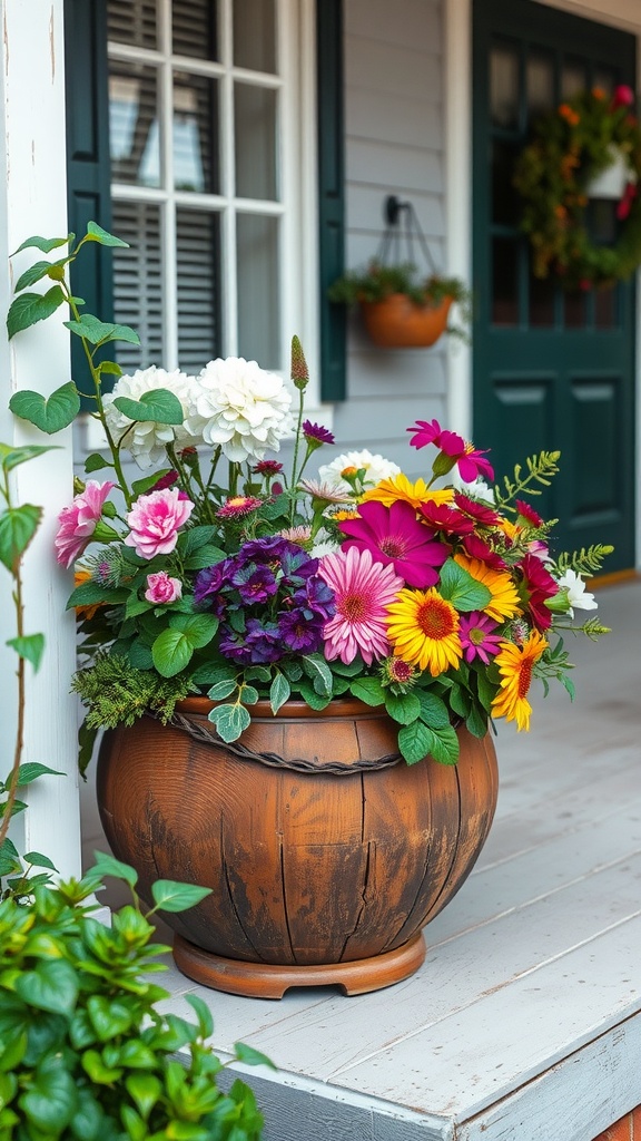 A rustic wooden flower pot filled with colorful flowers on a front porch.