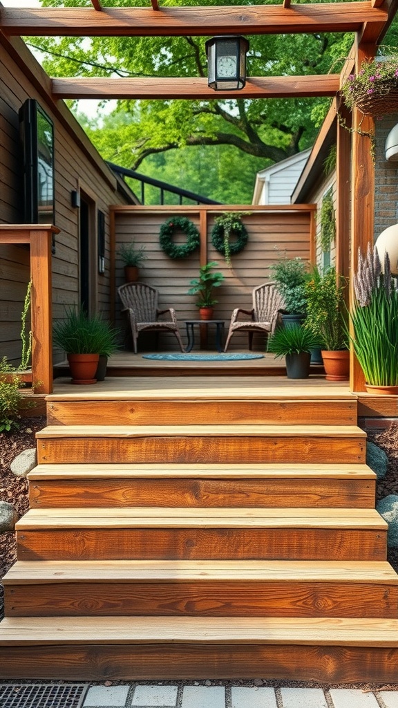 Rustic wooden steps leading to a patio surrounded by greenery and planters.