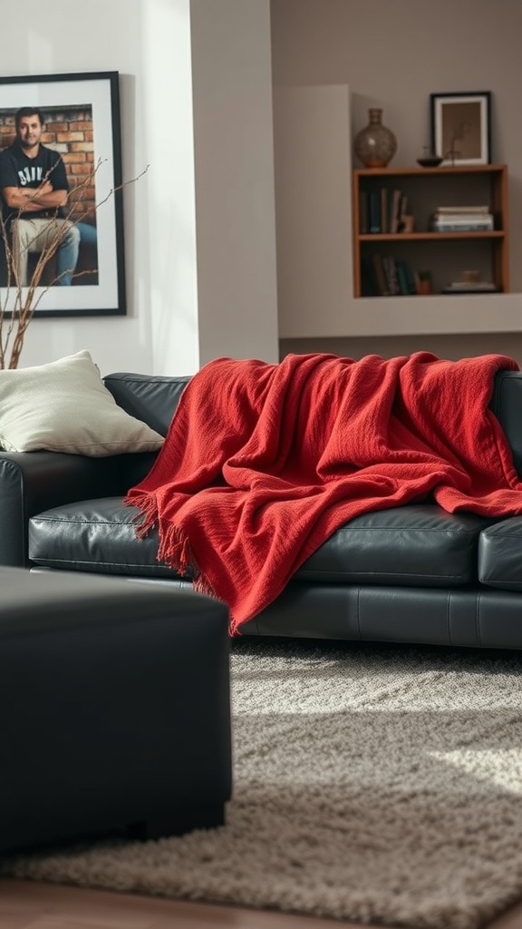 A cozy living room featuring a black leather couch with a rusty red throw blanket draped over it.