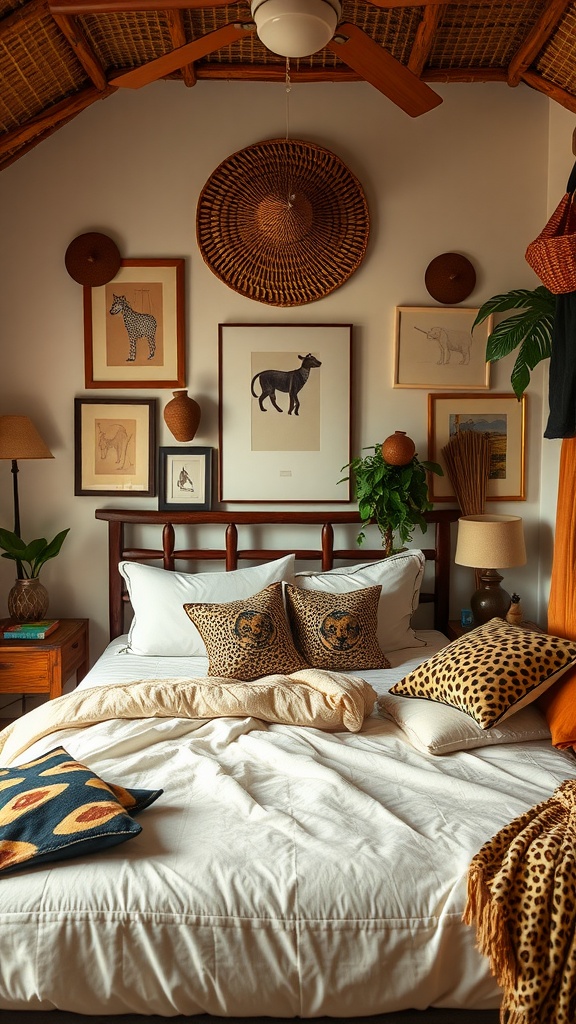 A cozy bedroom featuring safari-inspired decor with leopard print pillows and animal-themed artwork.