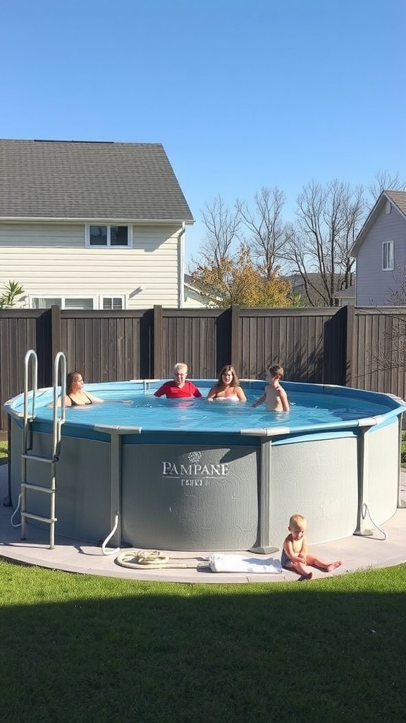 A family enjoying an above-ground pool, demonstrating the importance of safety measures like a ladder and a fenced area.