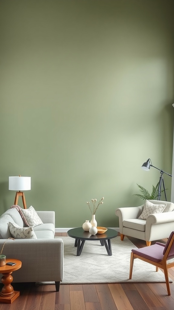 A living room featuring a sage green accent wall with light gray furniture, a black coffee table, and a cozy atmosphere.