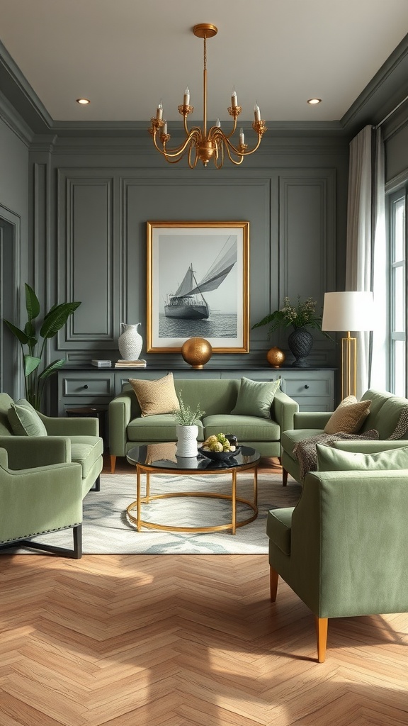 A stylish living room featuring sage green furniture and metallic accents.