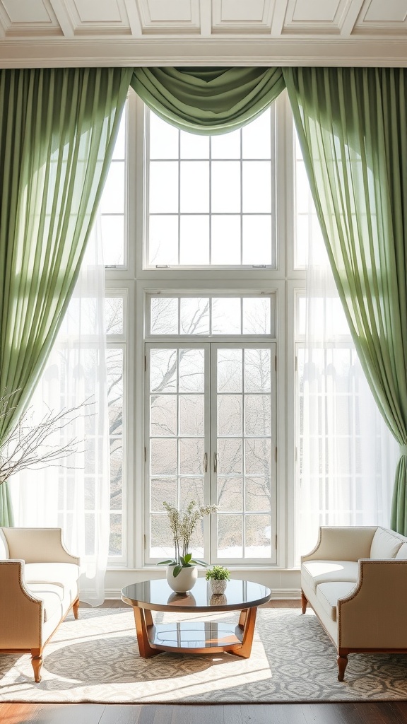 Elegant living room with sage green curtains, large windows, and light-colored furniture.