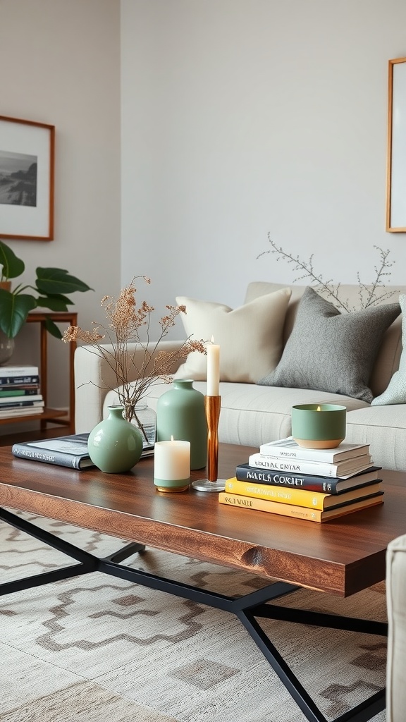 Coffee table decorated with sage green accessories, candles, and stacked books in a cozy living room.