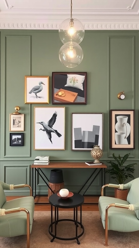 A sage green living room featuring a wall adorned with various framed artworks, stylish chairs, and a modern light fixture.