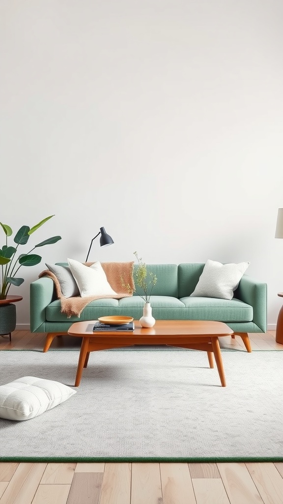 A modern living room featuring a sage green sofa, wooden coffee table, and plant.