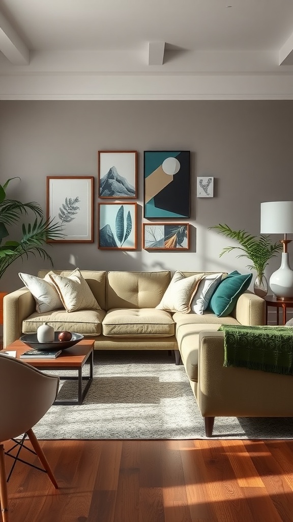 Cozy living room featuring a sage green sofa with decorative pillows, artwork on the walls, and plants.