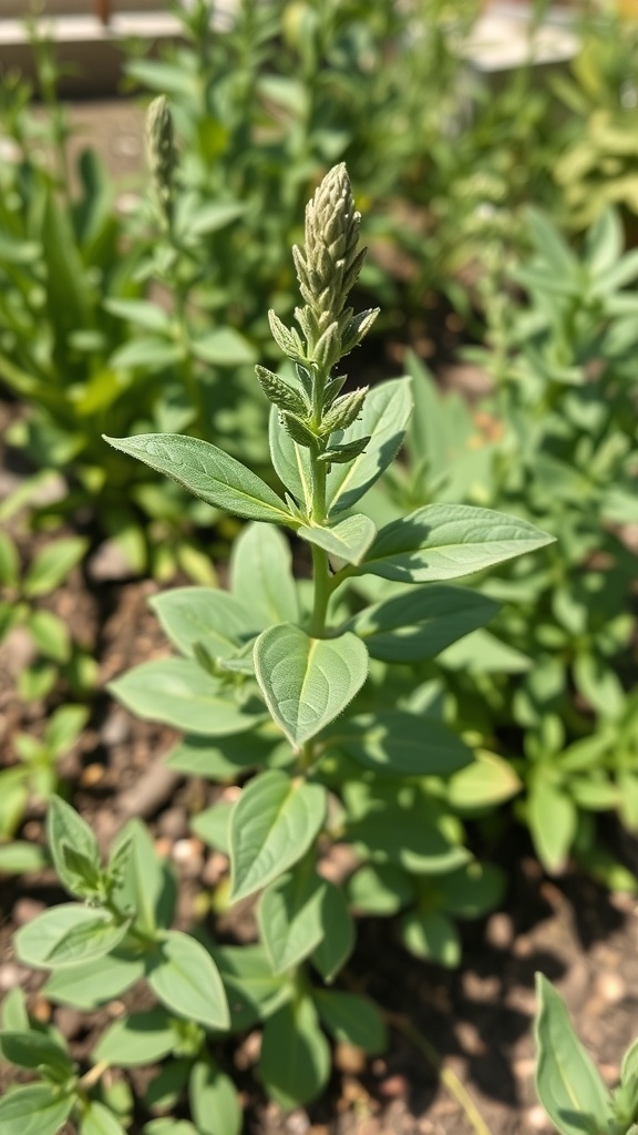 Close-up of sage plant with aromatic foliage and flower buds.