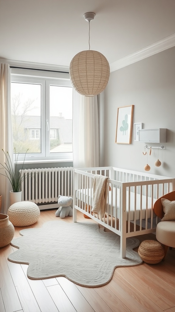 A beautifully designed Scandinavian minimalist nursery featuring a white crib, soft textures, and natural light.