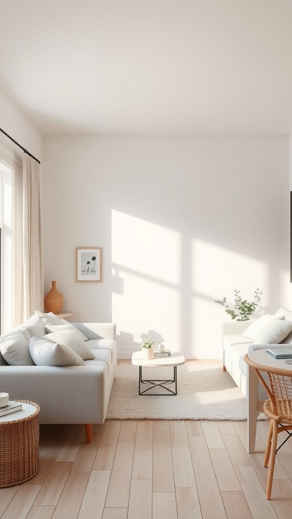 A serene Scandinavian living room featuring light colors, comfortable sofas, a coffee table, and natural light.