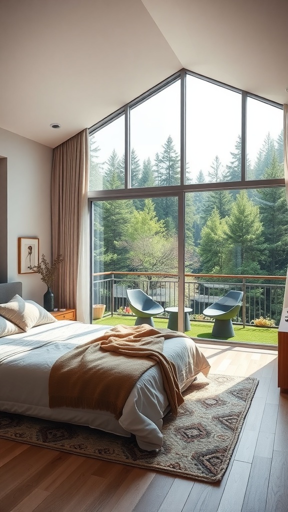 A cozy bedroom with large windows showcasing a scenic view of a forest.