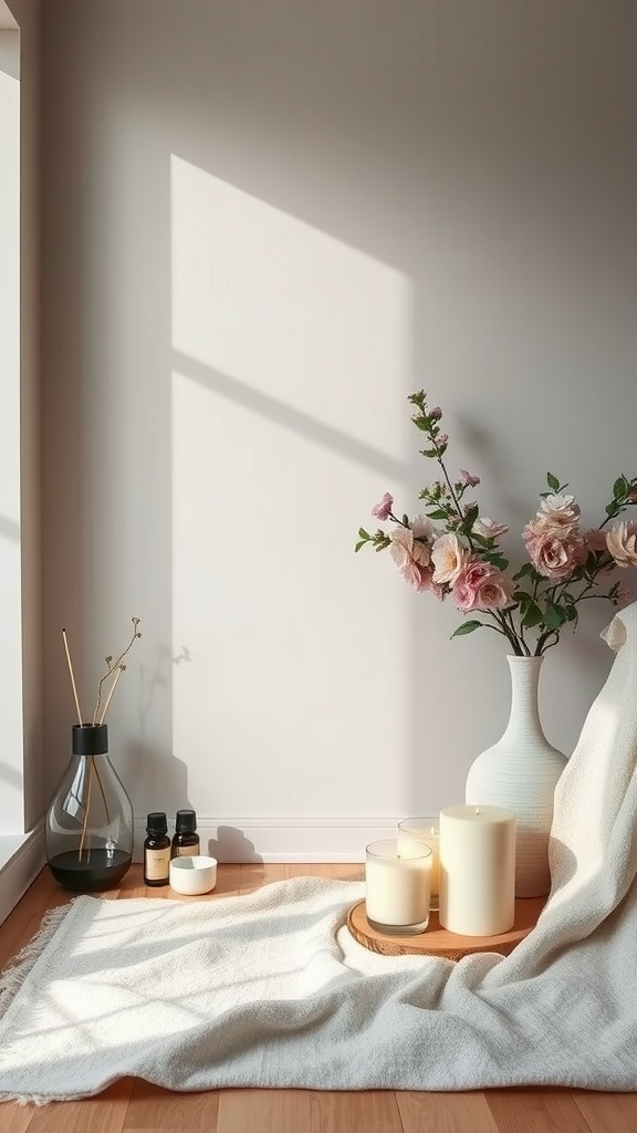 A cozy corner with candles, flowers, and essential oils for scent-infused decor.