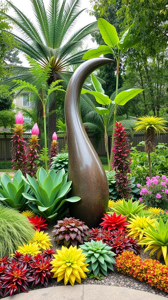 A garden showcasing a large sculptural element surrounded by vibrant flowers and foliage.