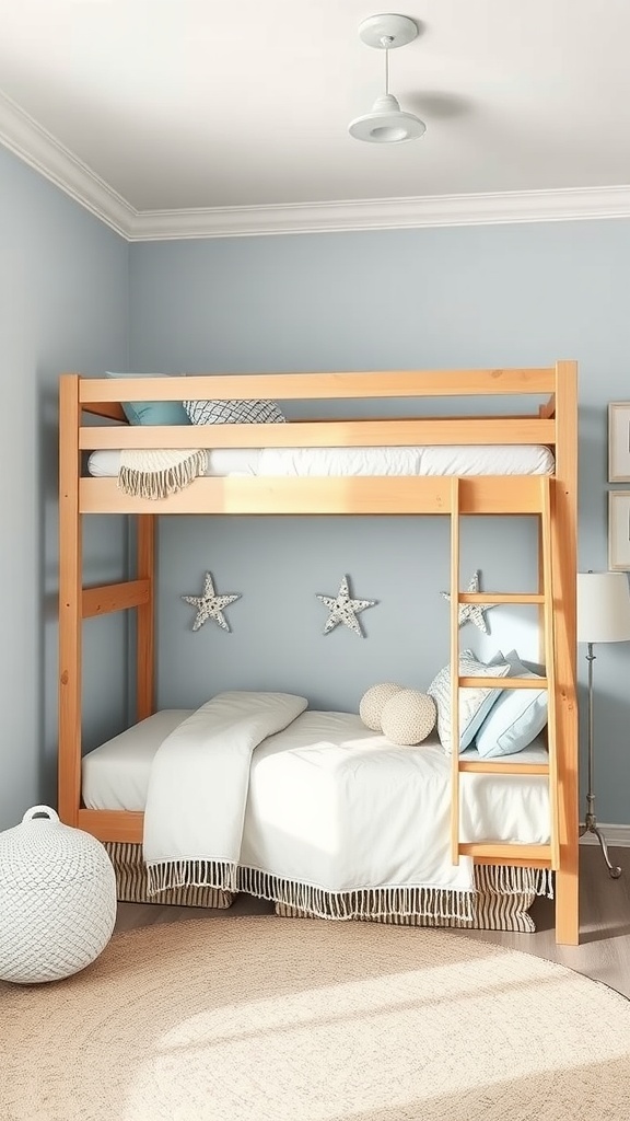 Coastal bunk bed with a light wood frame, soft blue walls, and seaside decor.