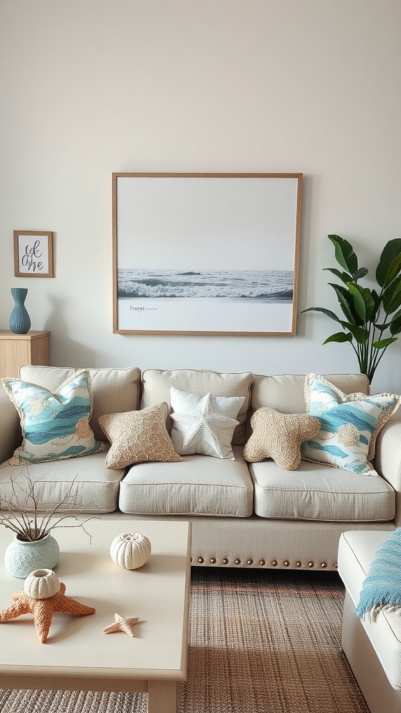 Coastal living room with seaside accessories including cushions, starfish, and wall art