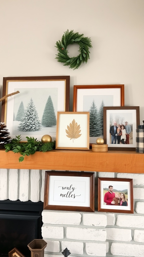 A rustic Christmas mantel decorated with seasonal art, framed photos, and a wreath.