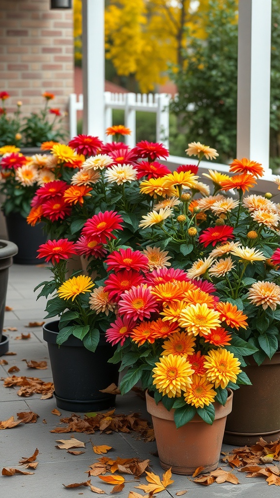 Colorful potted chrysanthemums in shades of red, yellow, and orange on a patio with fallen leaves.