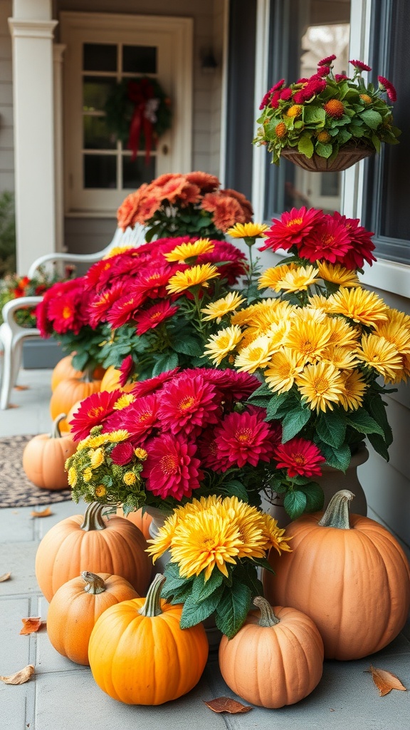 Colorful chrysanthemums and pumpkins arranged on a patio for fall decoration